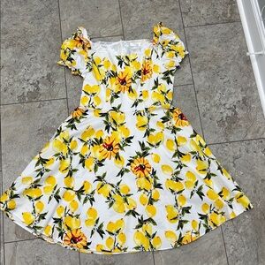 Yellow Floral and Lemons Square Neck Puff Sleeve Dress with Pockets
